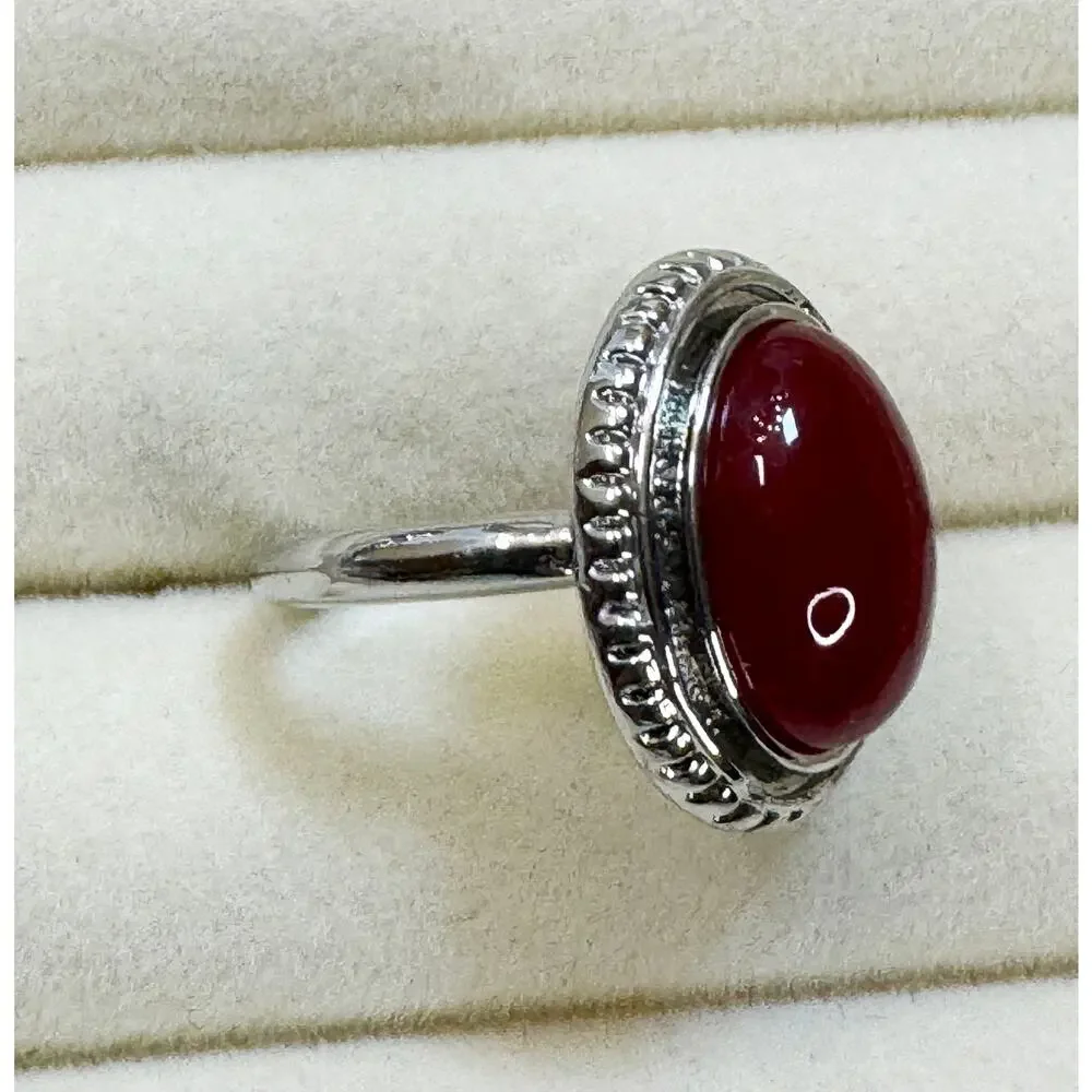 New Size 10 Red Oval Cabochon Ring Silver Tone Vintage Style Statement Ring R005